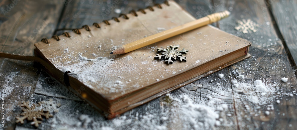 Poster there is a diary a pencil and a golden snowflake on a wooden surface. copy space image. place for ad