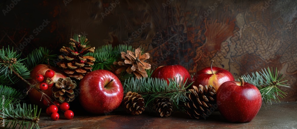 Poster christmas themed still life featuring apples and pine cones. copy space image. place for adding text