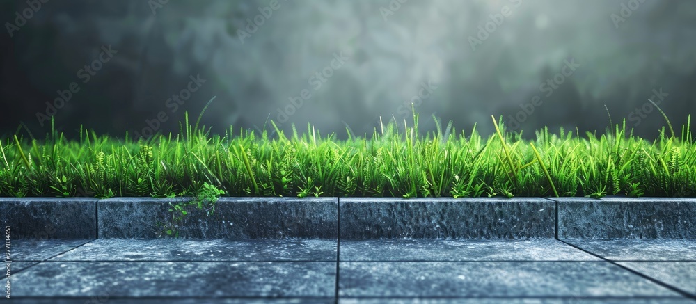 Poster green grass and a cement block pathway background concept copy space for text design