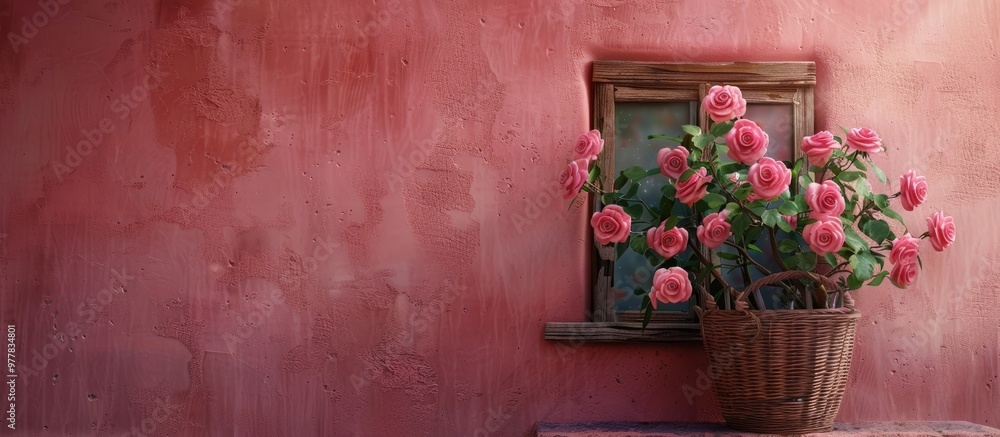 Poster a pink textured wall with a wooden window frame adorned with a basket of pink roses. copy space imag