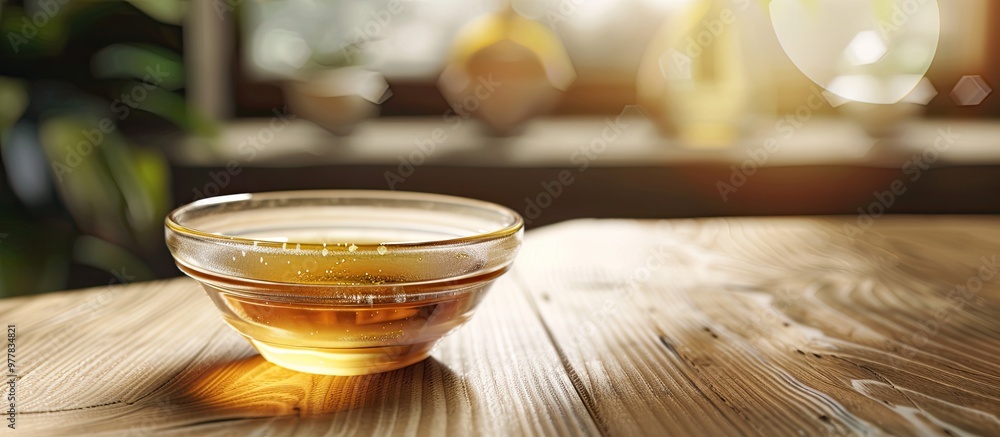 Sticker Bowl of honey on a wooden table Represents healthy living and natural medicine Fragrant and delicious. Copy space image. Place for adding text and design