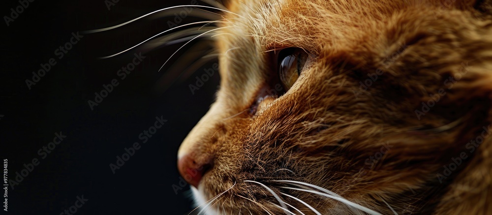 Poster portrait of a red haired cat focusing on the head details. copy space image. place for adding text a