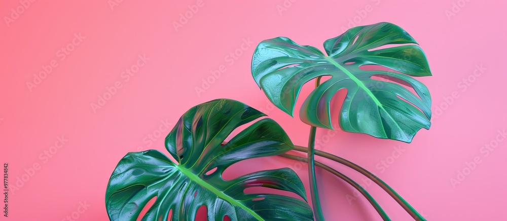 Poster two monstera leaves on a pink background. copy space image. place for adding text and design