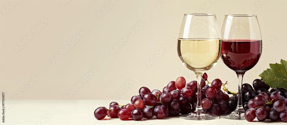 Poster glasses of red and white wine at a tasting accompanied by grapes and a space for text. copy space im