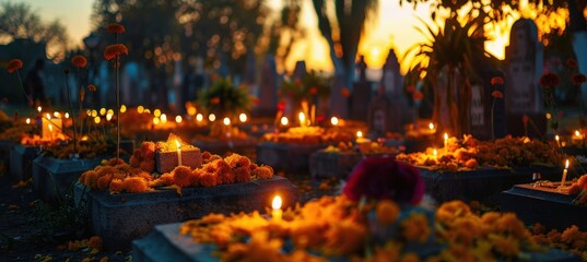 Day of the Dead Cemetery Scene with Marigold Petals and Candlelit Graves at Dusk