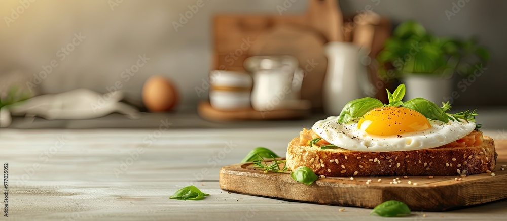 Poster toast with canned tuna fish open faced sandwich with egg and cheese. copy space image. place for add