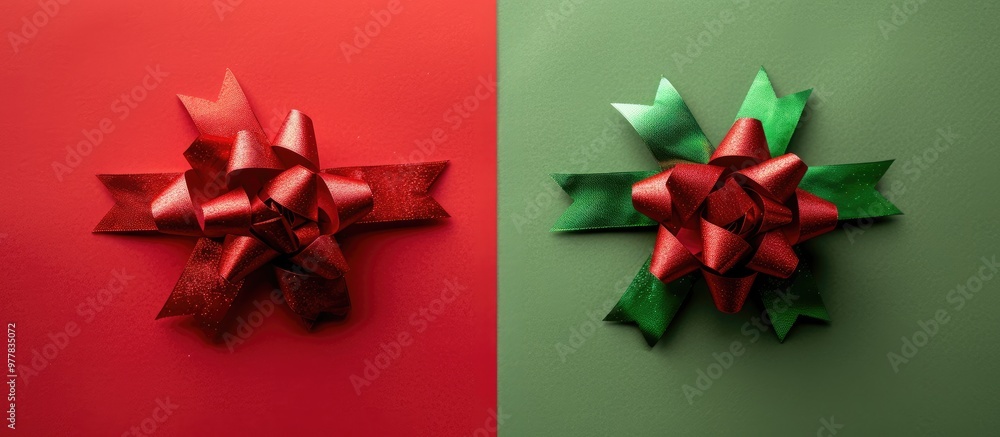 Poster two christmas bows one green and one red positioned on a red and green paper background in a flat la