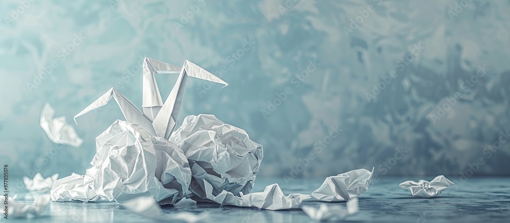Aufkleber innovative concepts or transformation ideas featuring crumpled paper balls and a crane emphasizing t
