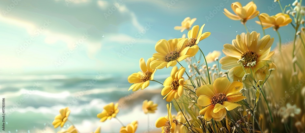 Poster yellow flowers set against a background of the sea. copy space image. place for adding text and desi