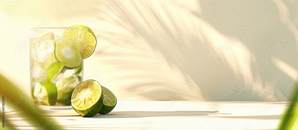 Poster mojito cocktail or a glass of soda with lime or lemonade for menu background mockup and scene creato