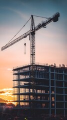 A photograph of an industrial building under construction, with a steel frame structure and concrete walls being built at sunset