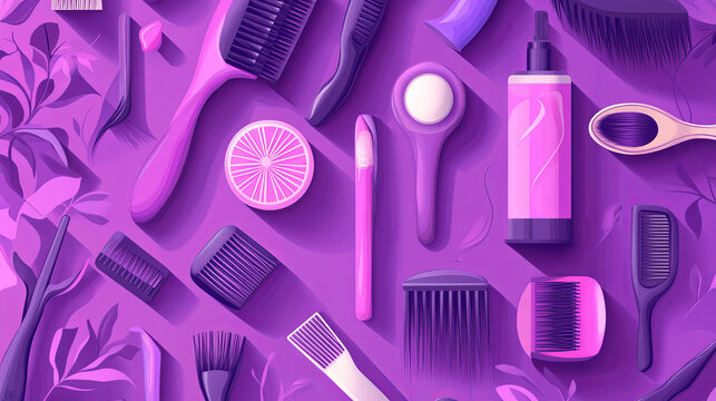 “Beauty salon or barber banner/poster featuring hairdresser accessories and professional tools for curling and haircut. Designed in purple and pink color schemes, ideal for print flyers and web