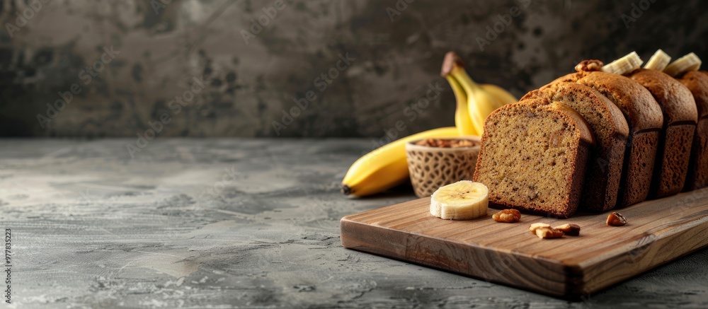 Poster wooden board with delicious banana bread on the table. copy space image. place for adding text and d
