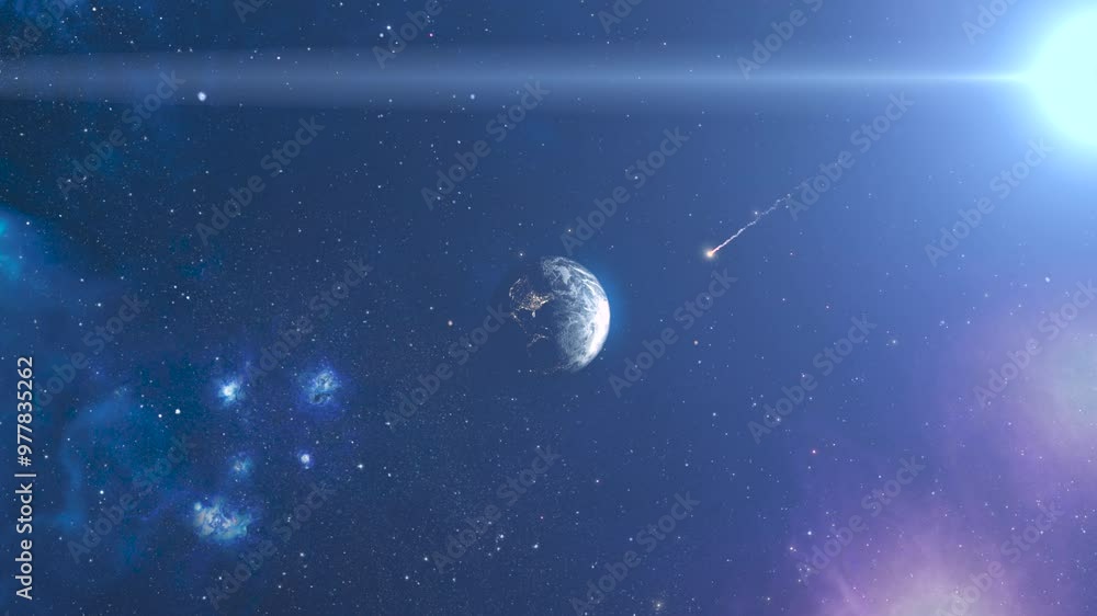Poster burning meteor flying toward planet earth, outer space view 3d rendering of planet earth with potent