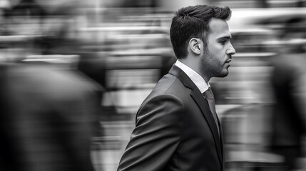 A black and white photograph of an elegant man walking through crowd, blurred motion, shot fromstreet level, wearing modern attire
