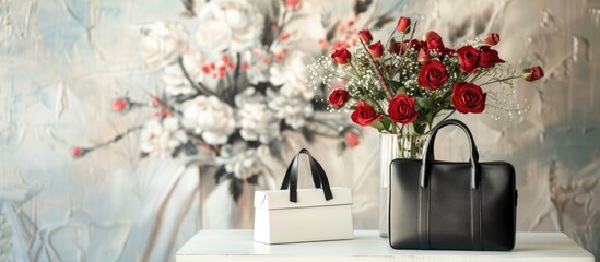 Mother s Day greeting card An arrangement of feminine beauty items a handbag a gift box and a bouquet of red flowers on a white table set against an abstract background featuring a Mother s Day inscr