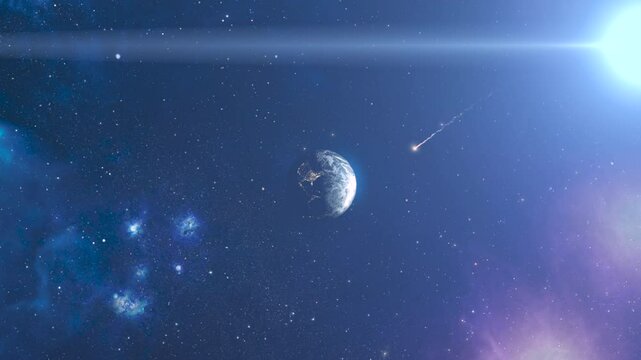 Burning Meteor flying toward planet earth, outer space view
3d rendering of planet earth with potential asteroid threat,4k,2024 
