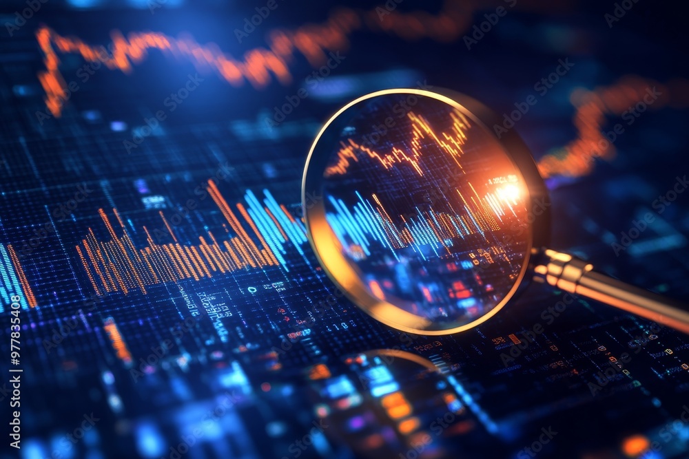 Poster enhancing financial data analysis with magnifying glass and digital charts in a blue light setting