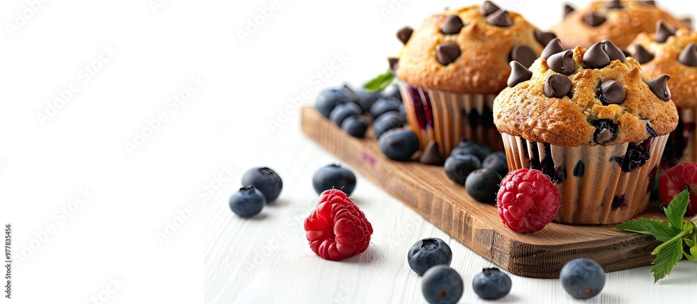 Canvas Prints Muffins topped with chocolate chips placed on a wooden board against a white background accompanied by fresh berries Copy space