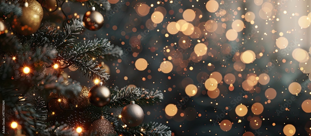 Poster christmas tree and decorations against a backdrop of lights with space for text. copy space image. p