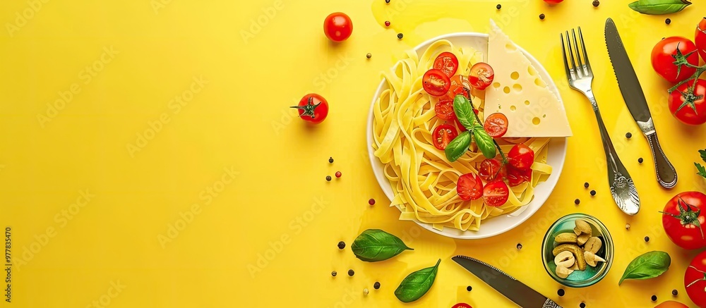 Poster tasty pasta with brie cheese tomatoes basil and cutlery on a yellow background top view room for tex