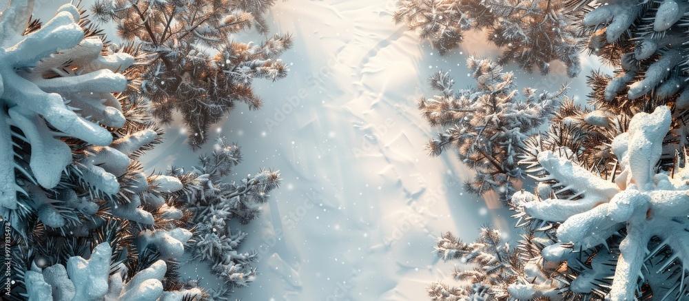 Canvas Prints A slanted snowy path with pine branches on either side offers an ideal solution for your design flat lay copyspace and background