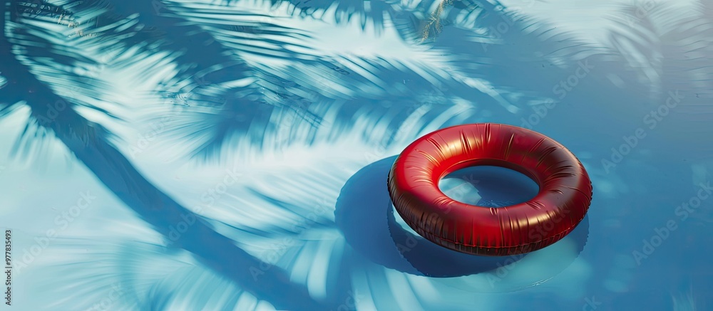 Poster red pool float ring drifting in a cool blue swimming pool with the shadow of a coconut tree copyspac