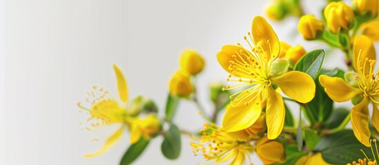 Yellow St John s Wort blossom Hypericum perforatum a medicinal herb. Copy space image. Place for adding text and design