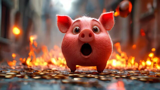 A pink piggy bank explodes in shock, surrounded by flying coins in a vibrant setting