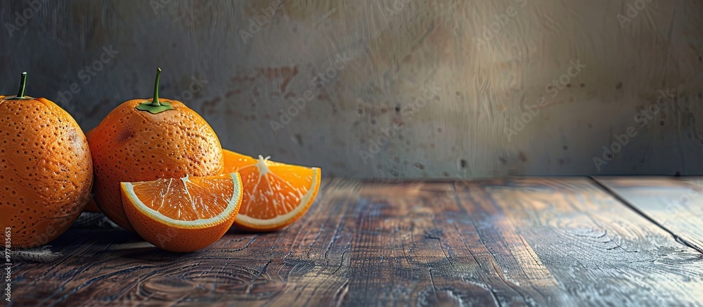 Sticker Fresh oranges arranged on a wooden table. Copy space image. Place for adding text and design