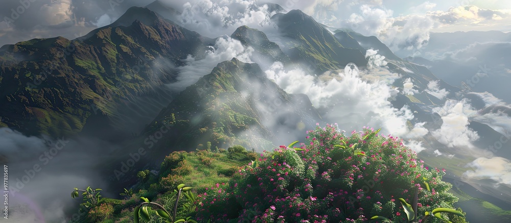 Sticker Landscape on a stunning mountain peak featuring flowers and rising fog. Copy space image. Place for adding text and design