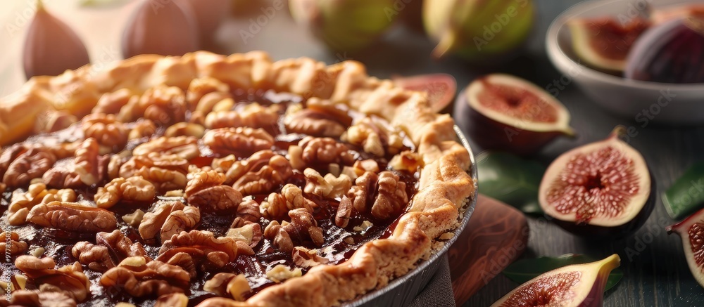 Poster close up of a walnut and fig pie. copy space image. place for adding text and design
