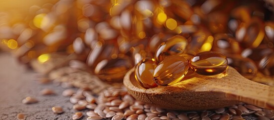 Close up of an omega 369 supplement in a wooden spoon with flax seeds in a jute pot out of focus in the background. Copy space image. Place for adding text and design