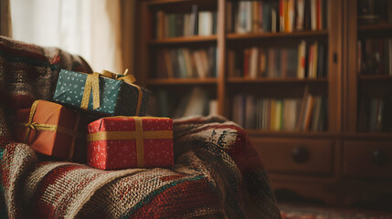 A pile of Christmas gifts in vibrant wrapping placed beside a cozy reading chair with a warm blanket draped over it.