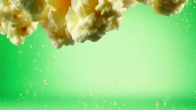 Slow-motion popcorn falling in front of a bright green screen, perfect for keying