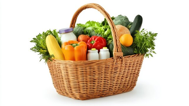 A spacious basket is brimming with colorful fresh vegetables and dairy items
