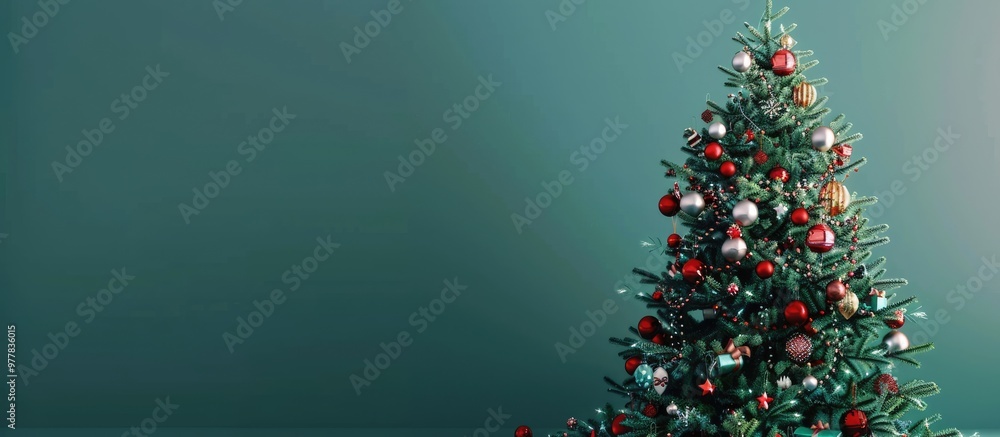 Poster christmas tree joyfully adorned with ornaments and toys. copy space image. place for adding text and