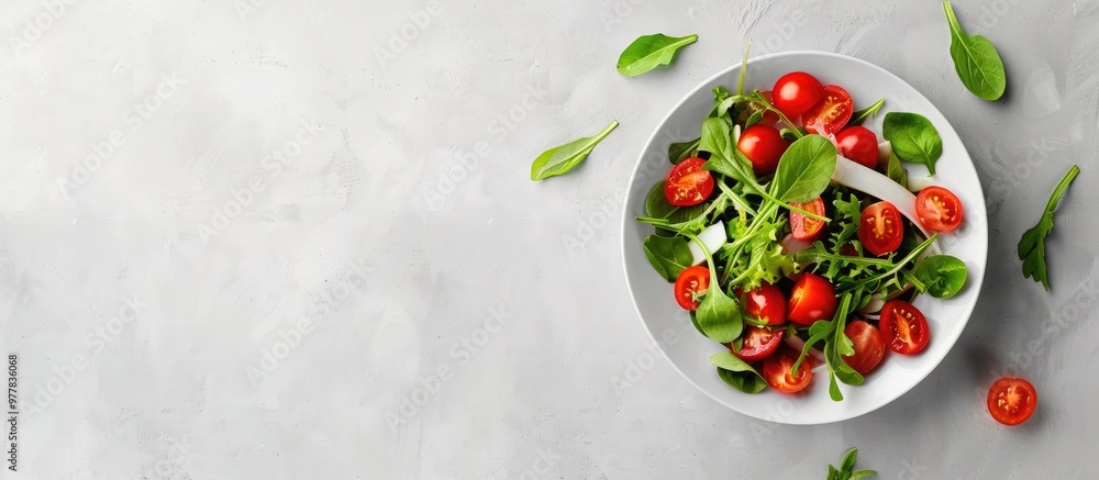 Poster green salad with tomatoes and fresh vegetables in a white bowl on a grey background top view. copy s