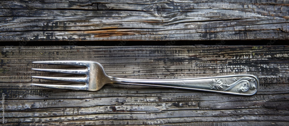 Poster silver fork set against a wooden background. copy space image. place for adding text and design