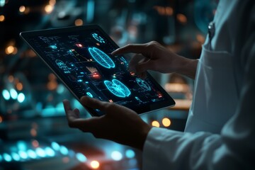 Doctor utilizing ipad to display augmented reality medical data in a futuristic laboratory setting