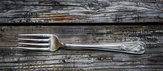 Silver fork set against a wooden background. Copy space image. Place for adding text and design