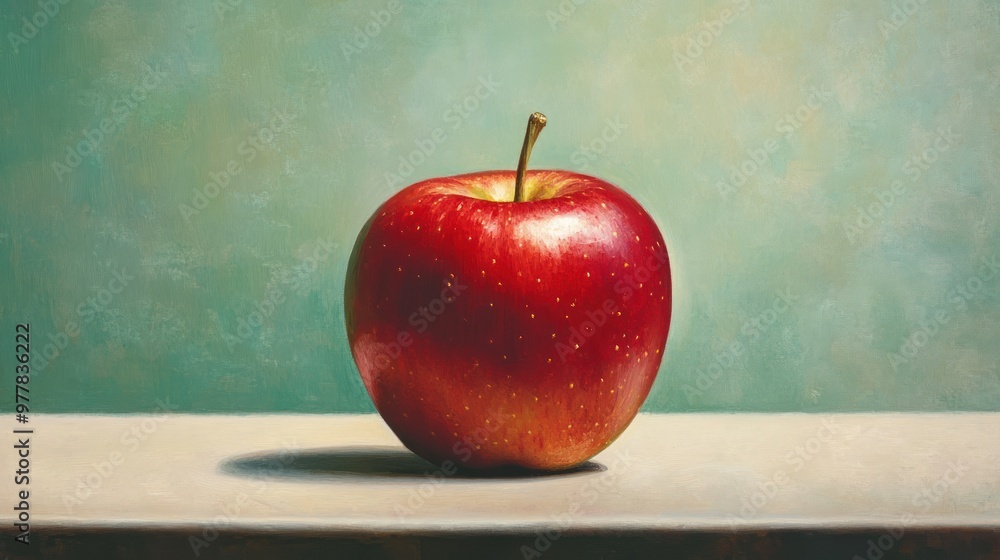 Poster a single red apple resting on a white surface with a green background