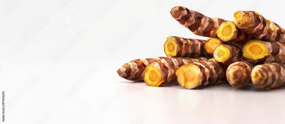 Poster close up of a bunch of fresh whole and sliced turmeric isolated on a white background. copy space im