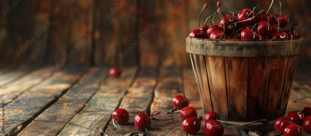Aufkleber fresh cherries in a wooden bucket. copy space image. place for adding text and design