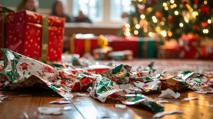 A pile of opened Christmas gifts and torn wrapping paper scattered across the floor with smiling faces in the background.