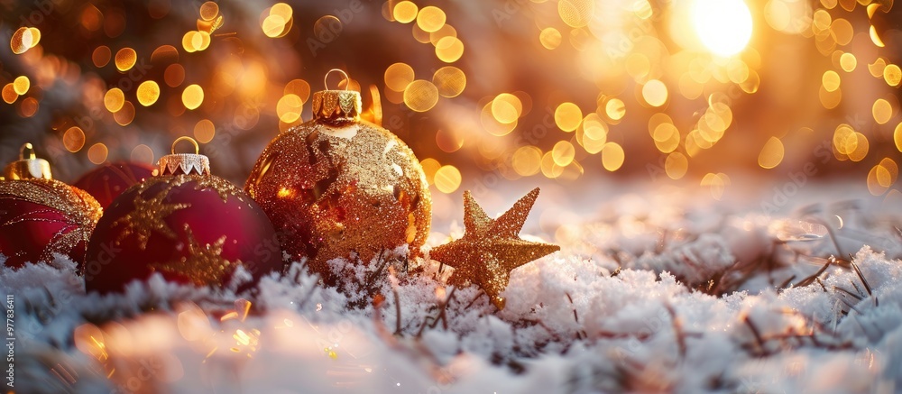 Aufkleber christmas ornaments and a star in the snow with a backdrop of golden glitter. copy space image. plac