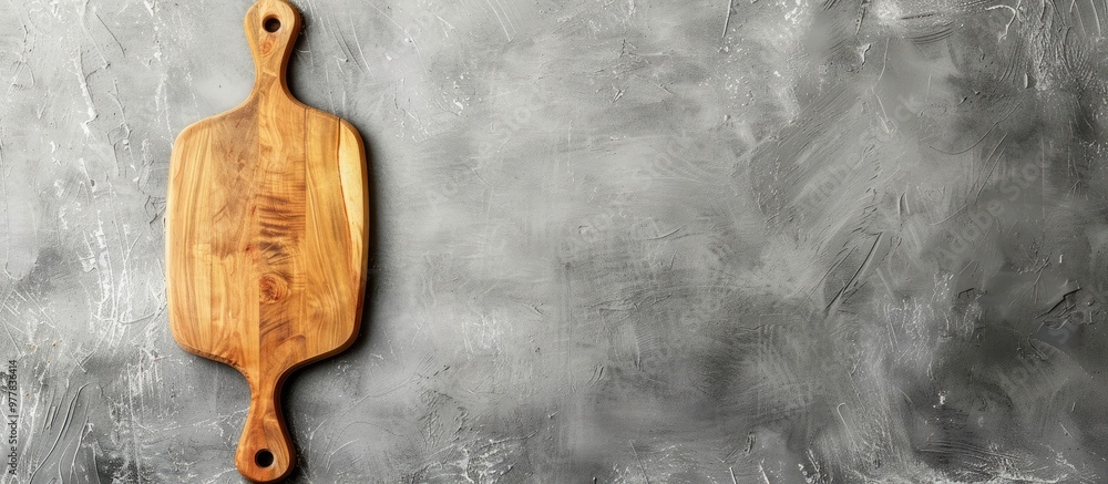 Poster wooden cutting board set against a grey background rustic serving platter for slicing pizza and brea
