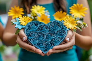 Hands holding a blue rose heart with flowers symbolizing beauty love and the nurturing care found in strong emotional connections and relationships