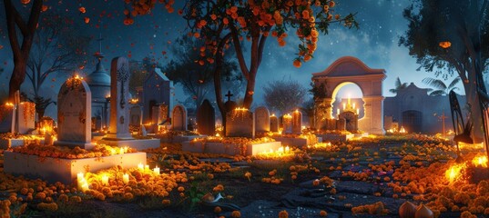 D&iacute;a de los Muertos Cemetery Scene with Marigold Petals, Candles, and Families Sharing Memories