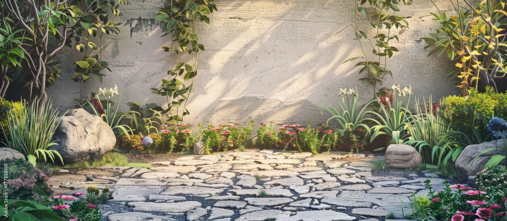 Poster garden adornment featuring a stone backdrop. copy space image. place for adding text and design